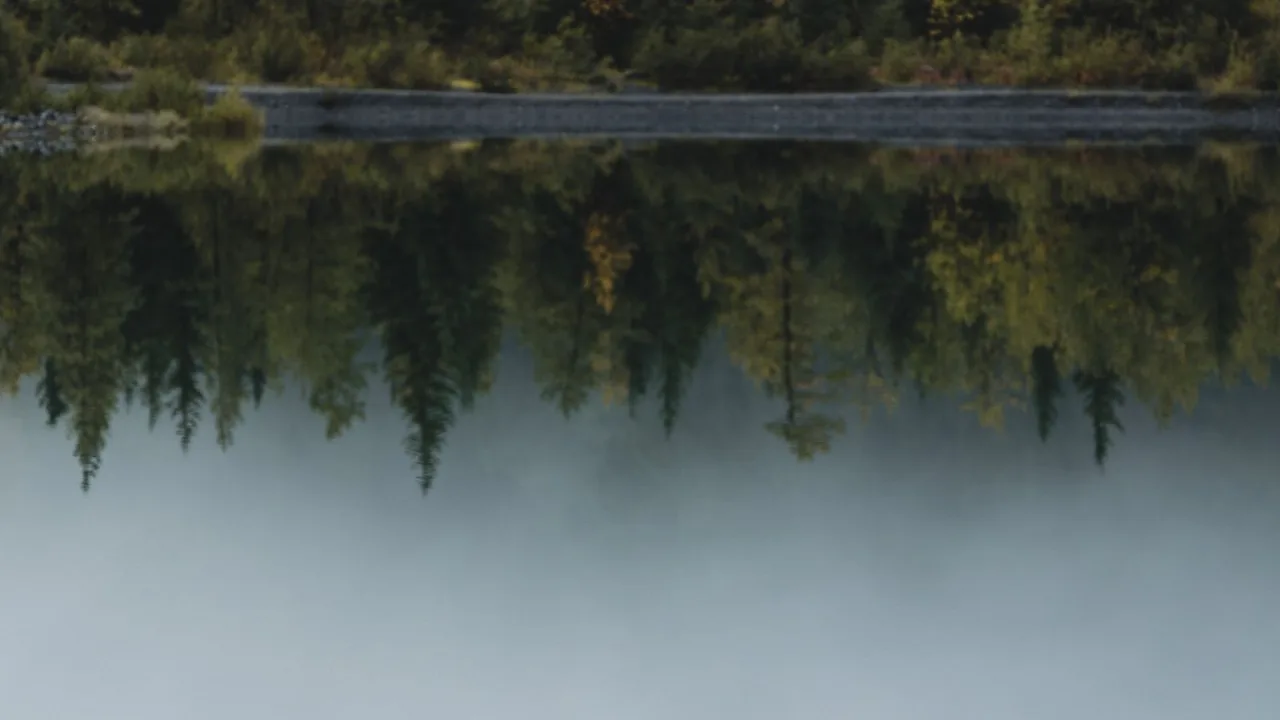 A glassy lake at golden hour mirroring an autumn treeline, the surface completely still.