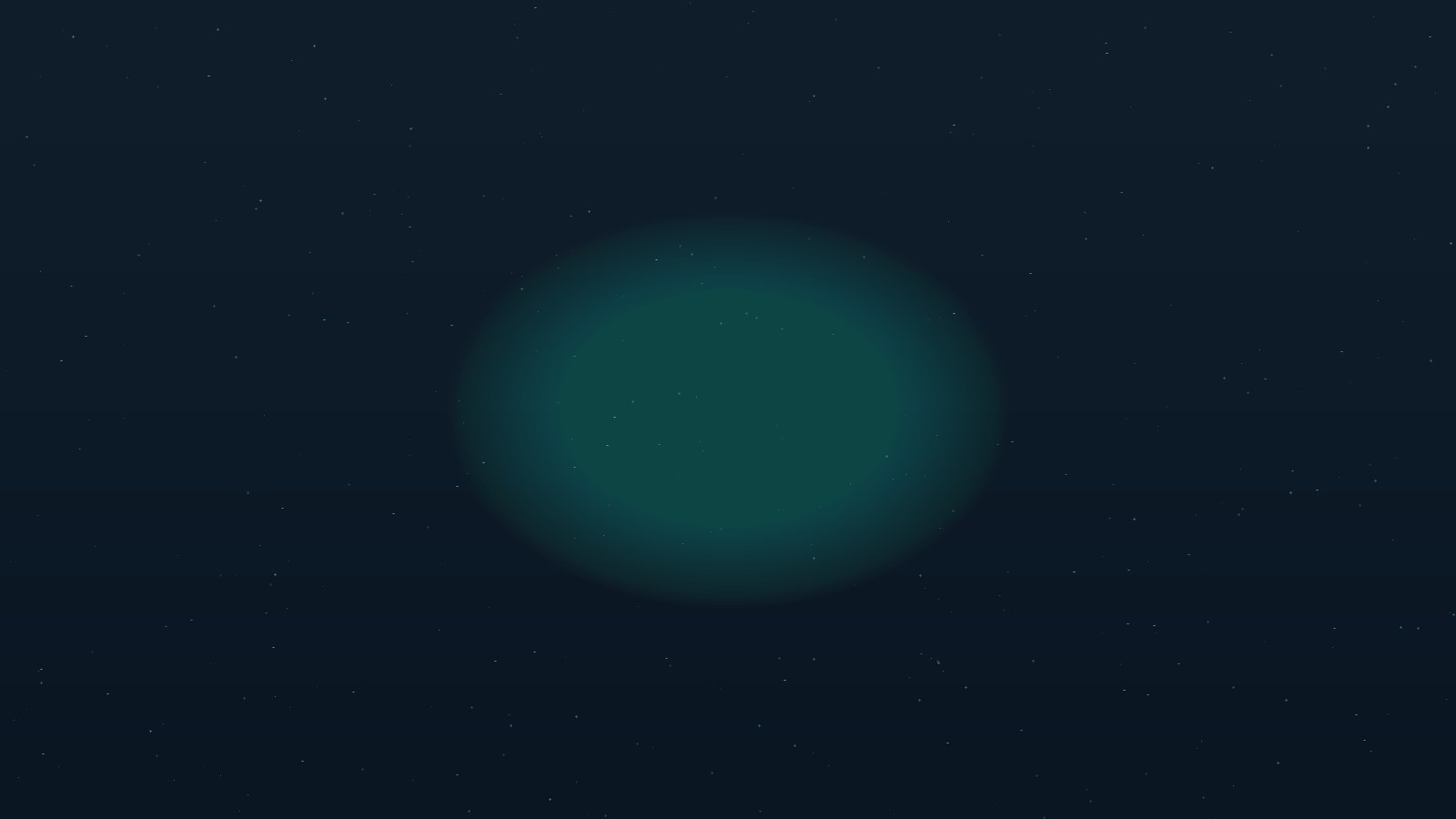 A soft teal glow on a dark field scattered with faint points of light, an abstract nod to speed and distance data.