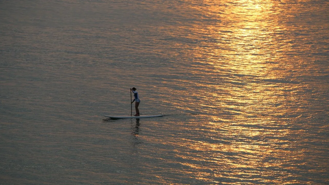 A woman paddleboarding alone across open water lit gold by a low sun, the light streaking the surface.