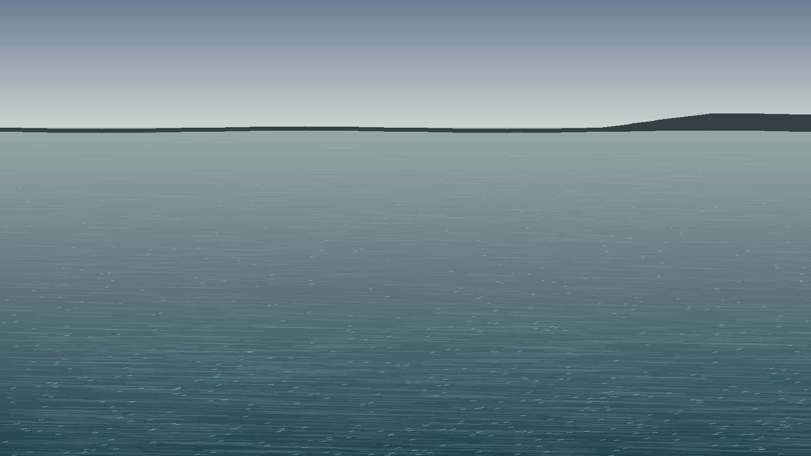 Strong offshore wind blowing from the land out to sea, the water surface streaked white with wind lines and scattered whitecaps, the shoreline receding low in the distance.