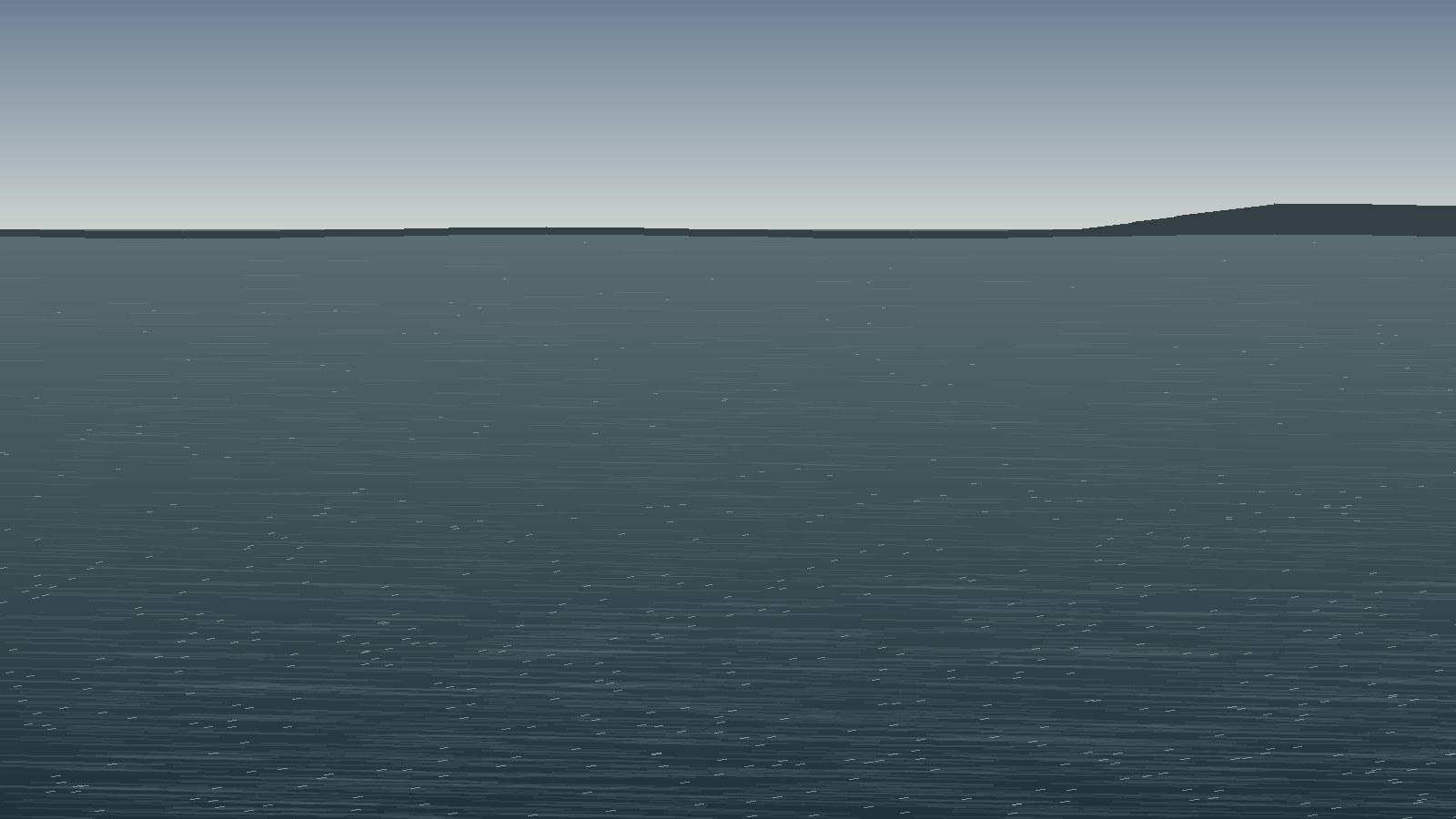 A dark, moody stretch of open water under a heavy sky, the surface streaked and uninviting, the far shore lost in murk.